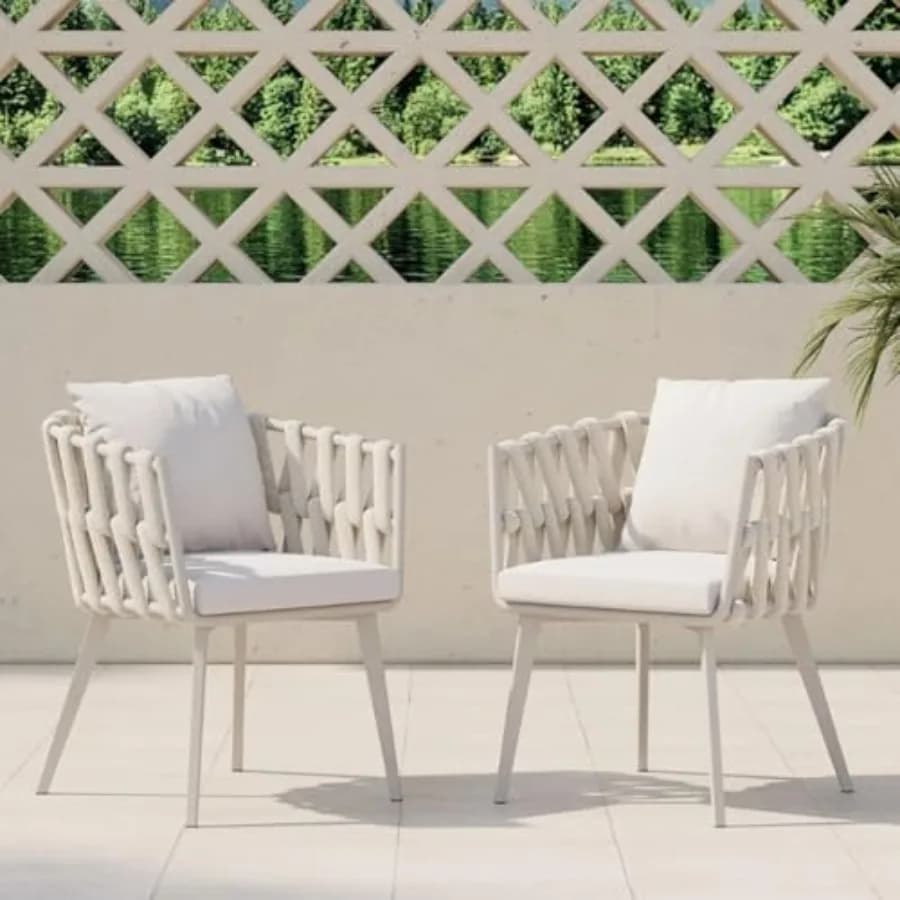 Set di 2 sedie da pranzo per patio, sedie da pranzo per esterni con struttura in lega di alluminio, schienale in corda intrecciata a mano e cuscini rimovibili beige