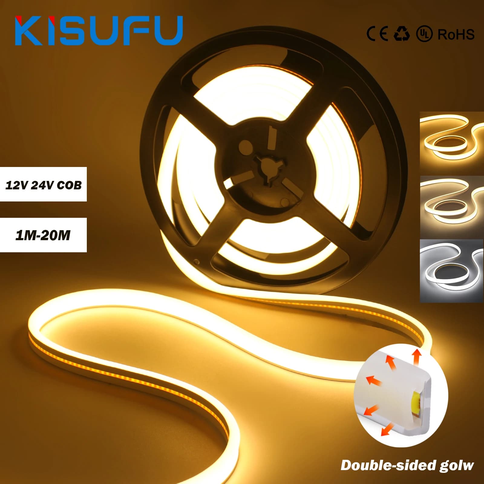 12V 24V COB LED Strip Light Double Side Glow IP67 Waterproof 320LED/m High Density Flexible Neon Tape Indoor Outdoor Decor 1-20M