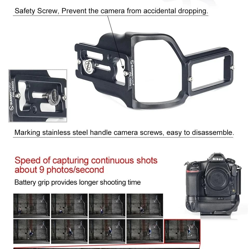 SUNWAYFOTO Dedicated L bracket, for Nikon D850 camera with quick release plate for tripod with battery grip-PNL-D850G