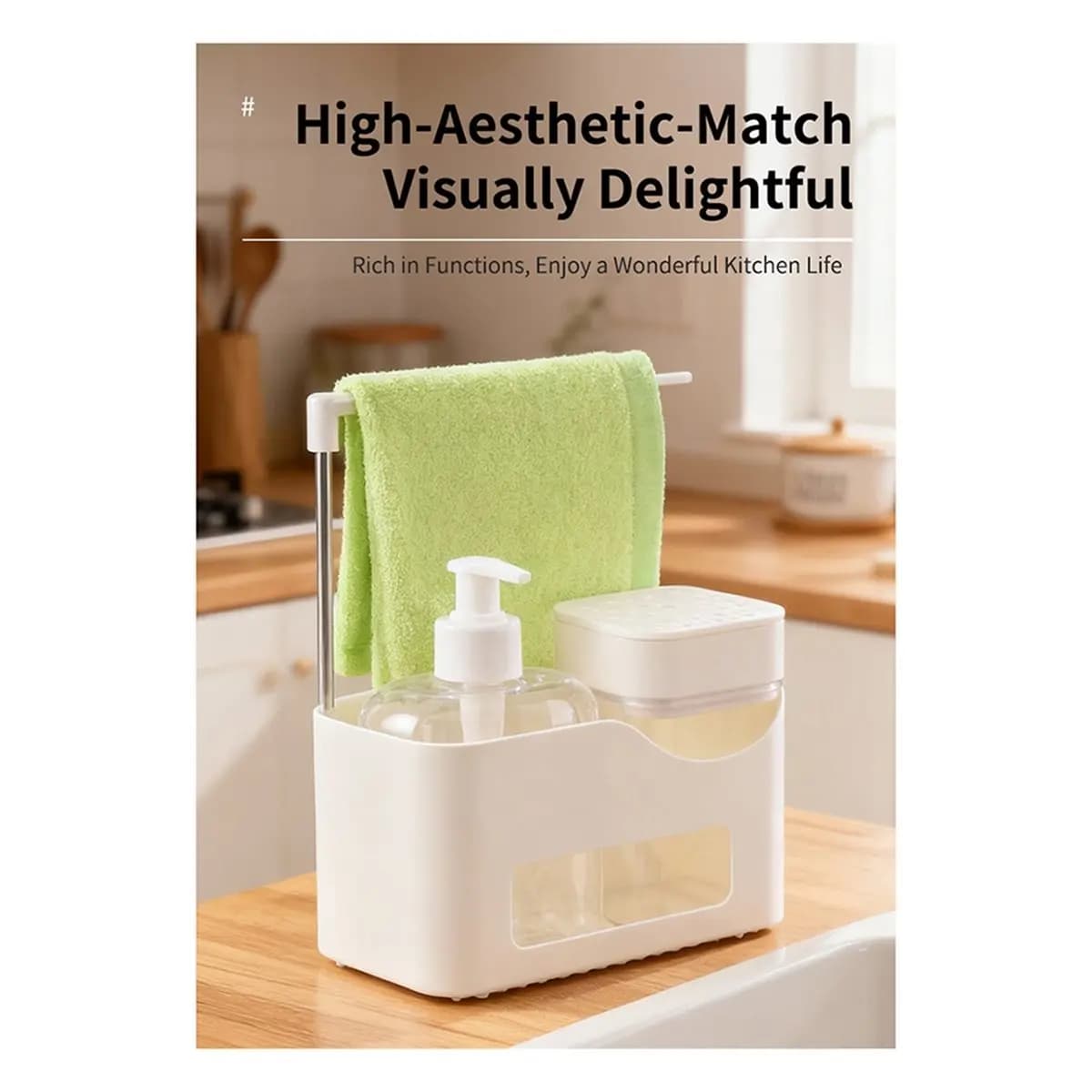 DT81 Hand Soap and Dish Soap Dispenser Set for Kitchen, Dual Pump 4-in-1 Organizer with Sponge and Towel Holder