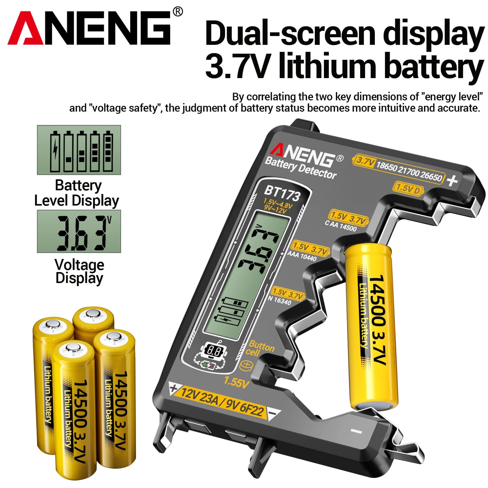 ANENG BT173 Tester Digitale Universale per Batterie Compatibile con 18650/AA/AAA/9V/12V/Batterie a Bottone Strumento di Visualizzazione del Livello della Batteria Domestica
