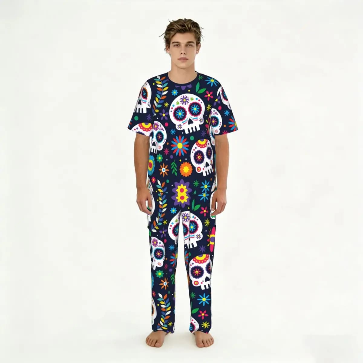Pigiama da uomo a maniche corte, due pezzi con pantaloni, Dia De Muertos, Day Of The Dead, abbigliamento da casa, pigiama.