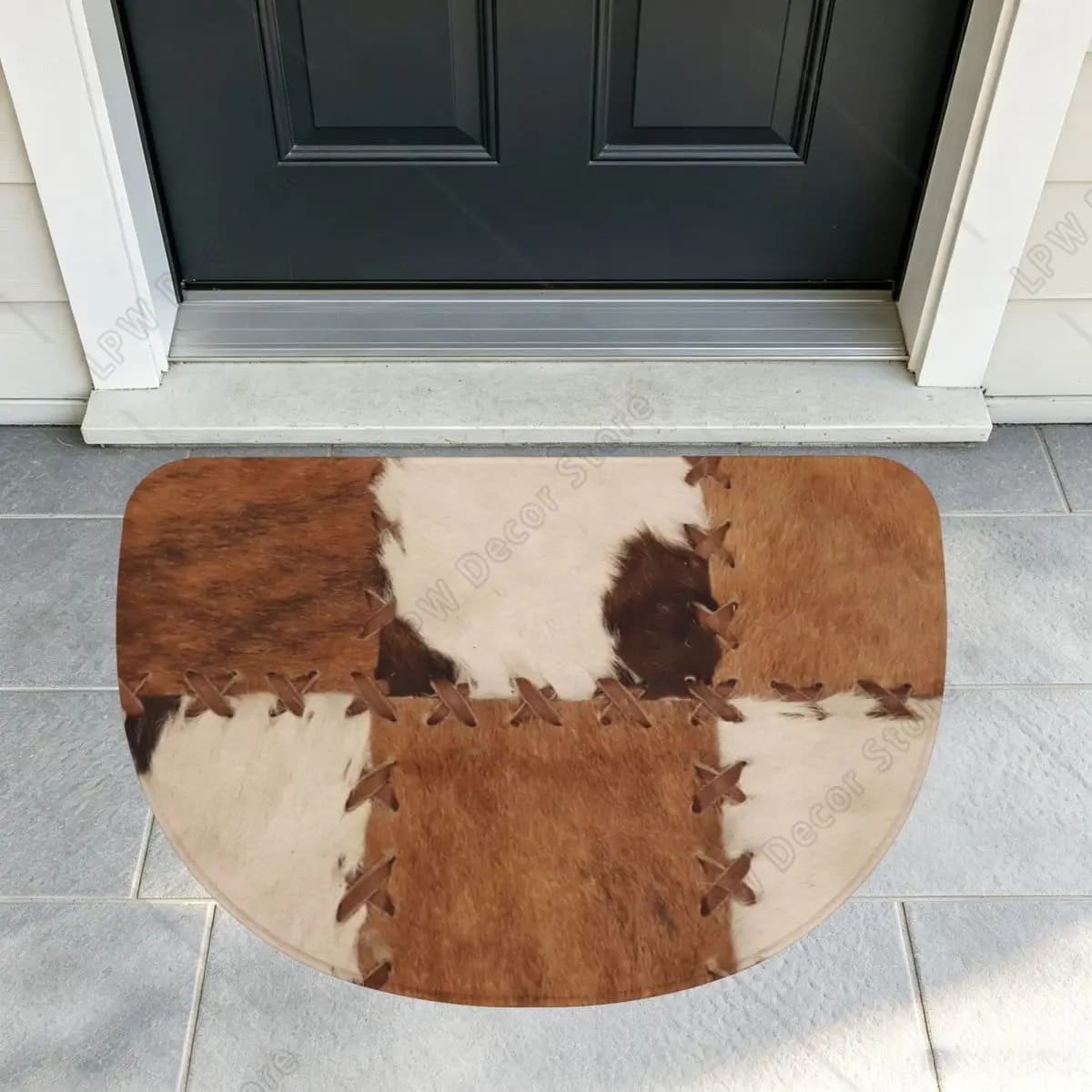 Patchwork Cowhide Rustic Western Decor Soft Flannel Half Round Doormat Non Slip Bathroom Mat Absorbent Floor Carpet for Garage