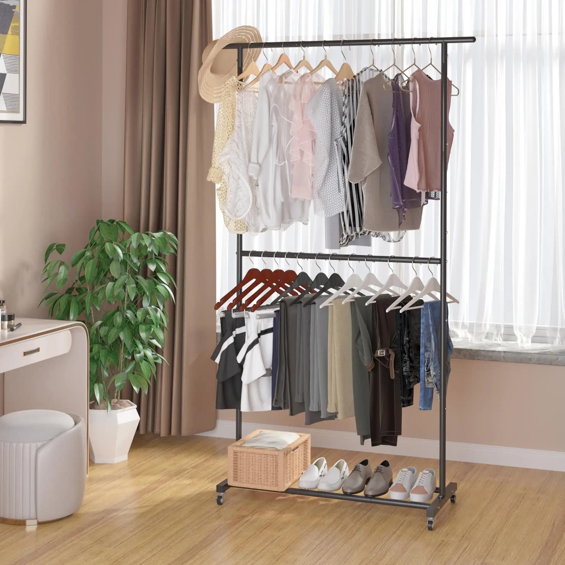 Heavy Duty Double Rod Garment Rack Metal Rolling Clothes Organizer on Wheels Portable Freestanding Clothing Drying Rack with Shoe Storage Shelf Floor Hanger Coat Stand Wardrobe for Bedroom Laundry Room