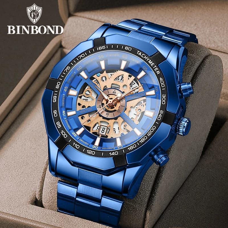 BINBOND orologi al quarzo da uomo Top Brand Luxury acciaio inossidabile impermeabile scava fuori blu grandi orologi da polso maschili Relogio Masculino