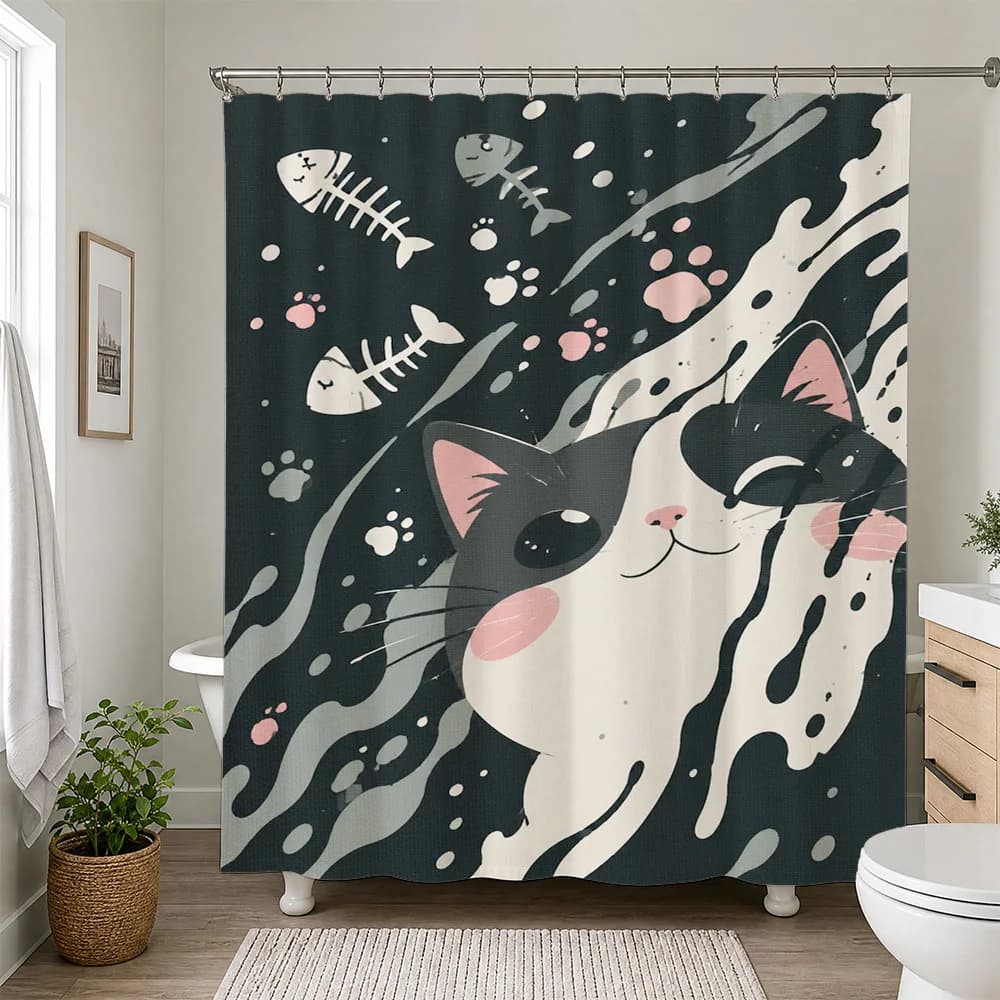 Cute Cat Splash Shower Curtain Bathroom Decor Novelty Animal Print Waterproof Shower Curtain Liner