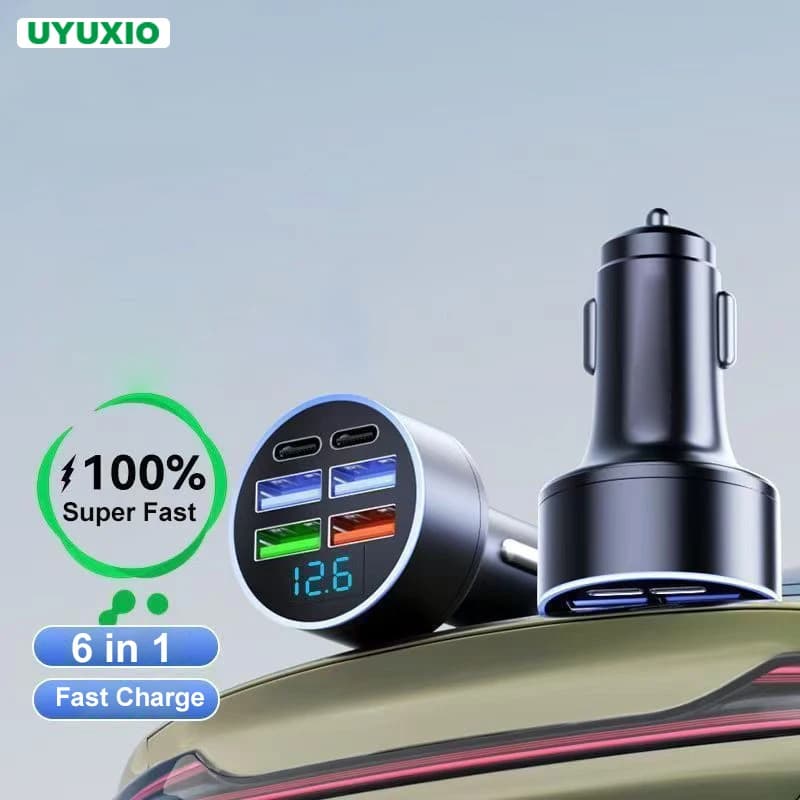 Caricabatterie da auto USB C multiporta UYUXIO con display di tensione, adattatore di ricarica superveloce 6 in 1 per Huawei iPhone 17 16 15 Pro Max