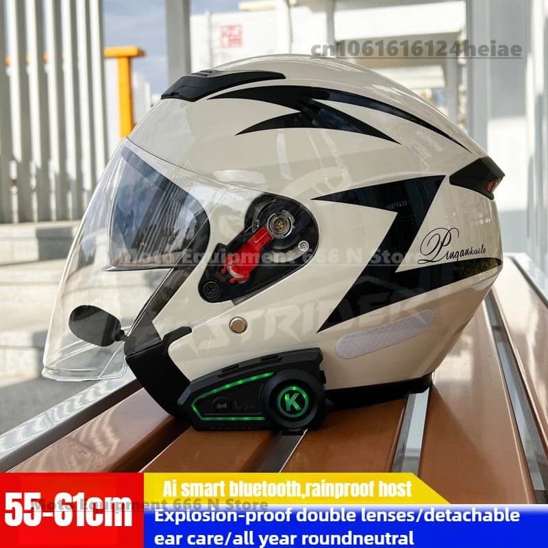 Casco Bluetooth intelligente per moto Casco di sicurezza per guida universale 3/4 per uomo e donna con doppia lente per quattro stagioni