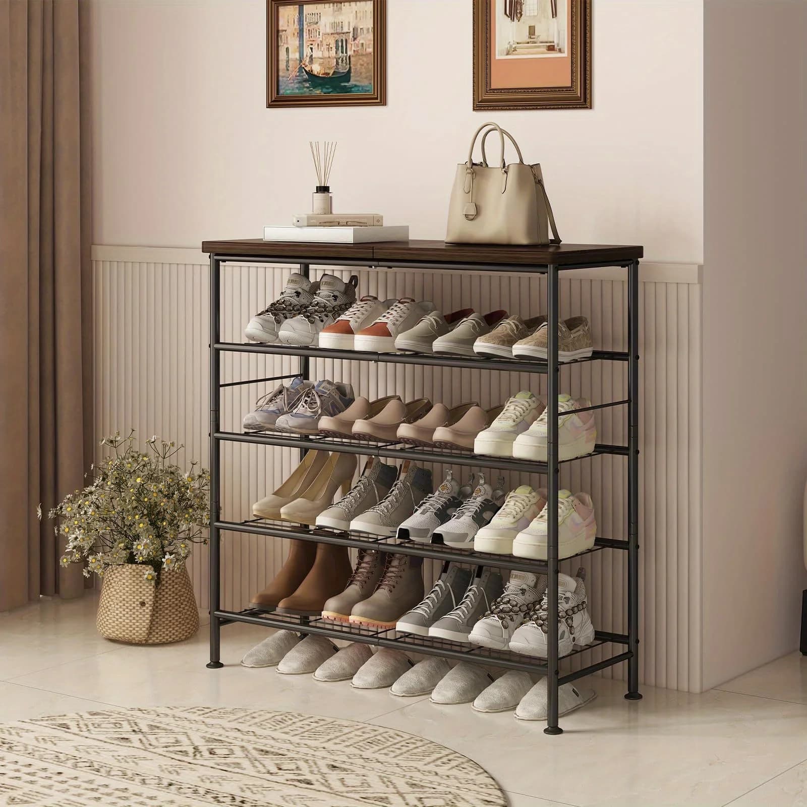 Scarpiera da Ingresso, Organizzatore per Scarpe a 5 Livelli, 16-20 Paia di Scarpe, Spaziosa, da Terra, in Metallo, Stile Industriale, Scaffale Porta Scarpe per Armadio