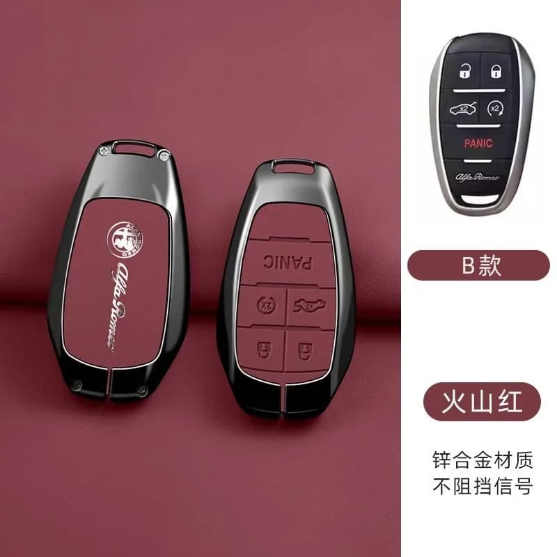 Zinc Alloy Leather Car Remote Key Case Cover Shell Holder Protector Keychain For Alfa Romeo Stelvio Giulia 2017-2024 4C Spider