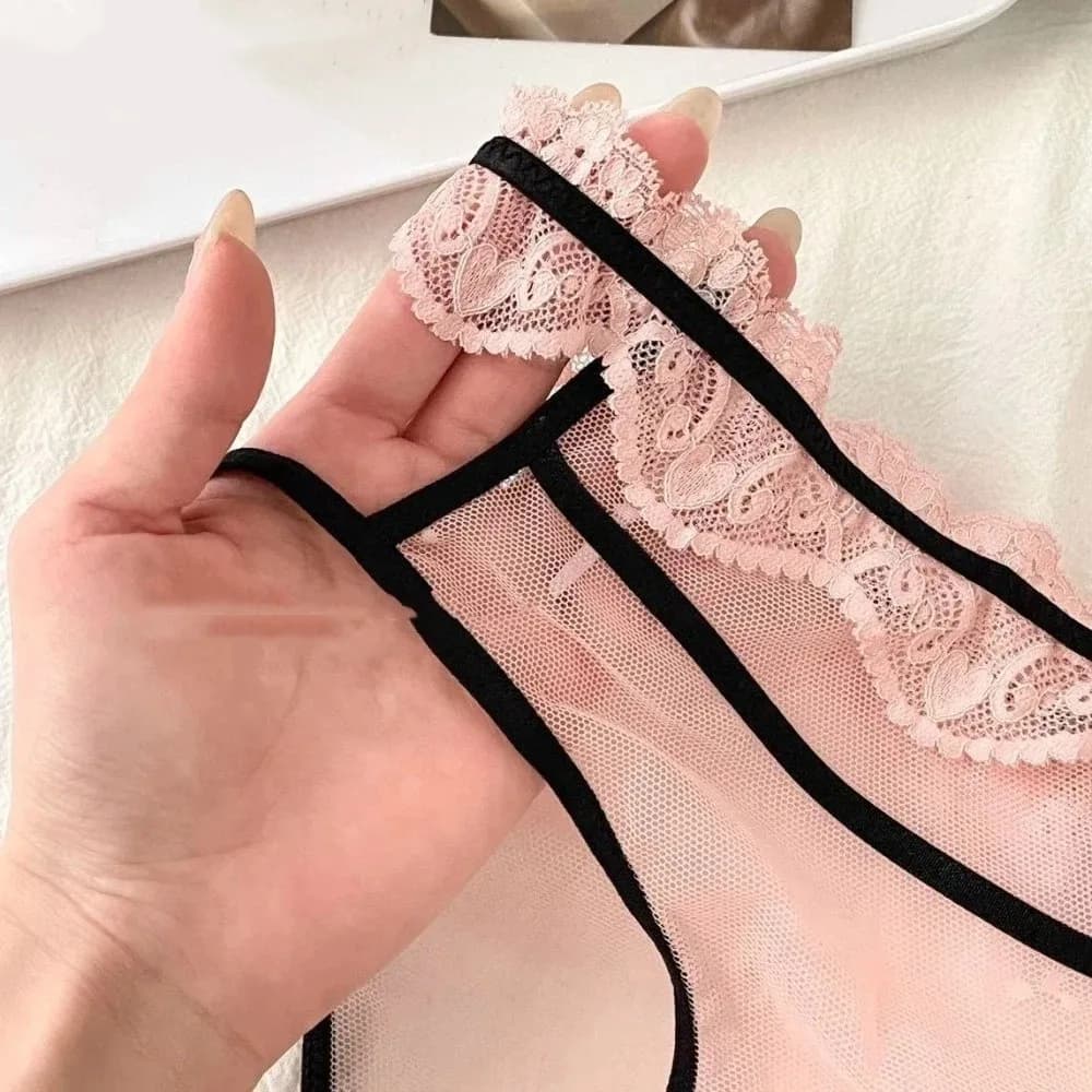 Fashion Mid Waist Lace Briefs Mesh Transparent Women Underwear Cotton Crotch Sweet Lace Trim Underwear Women