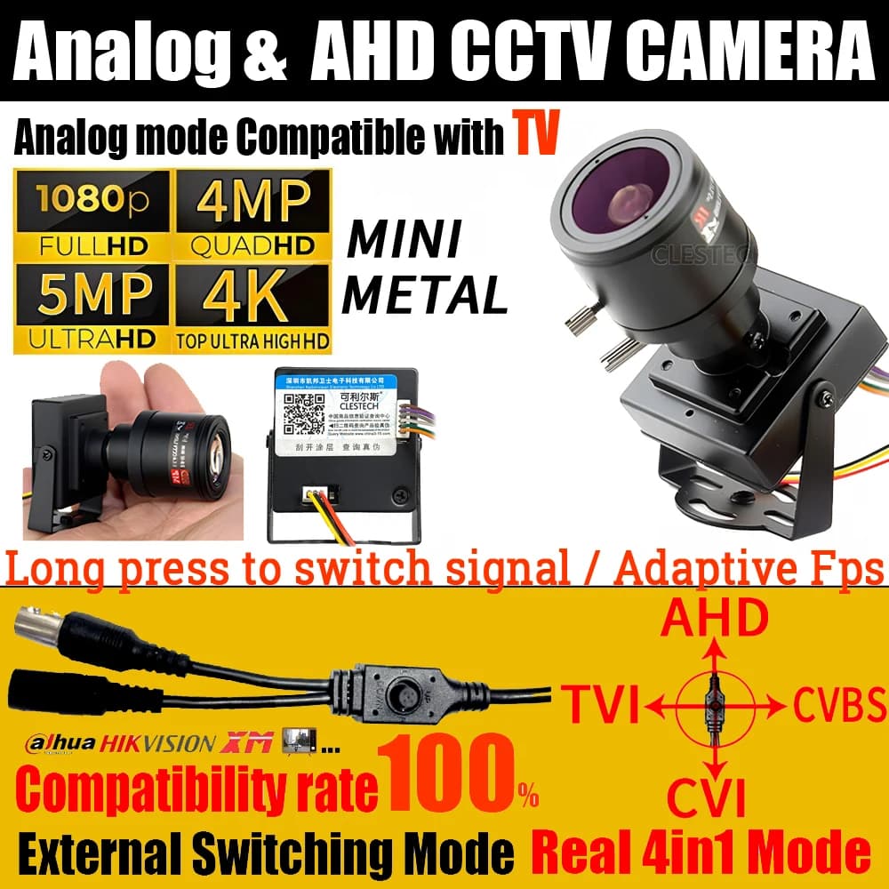 Mini telecamera CCTV AHD da 5 MP/8 MP - Obiettivo zoom manuale da 2,8-12 mm, HD 1080P, TVI/CVI/Analog 4in1, interruttore menu OSD per monitor di sicurezza