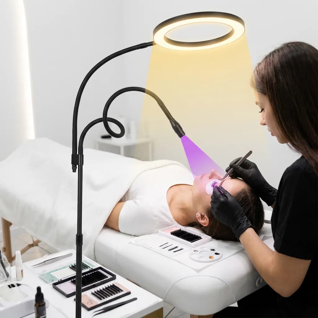 Lampada UV LED 2-in-1 Professionale per Extension Ciglia con Luce ad Anello da 10 Pollici e Supporto Regolabile per Polimerizzazione Colla UV