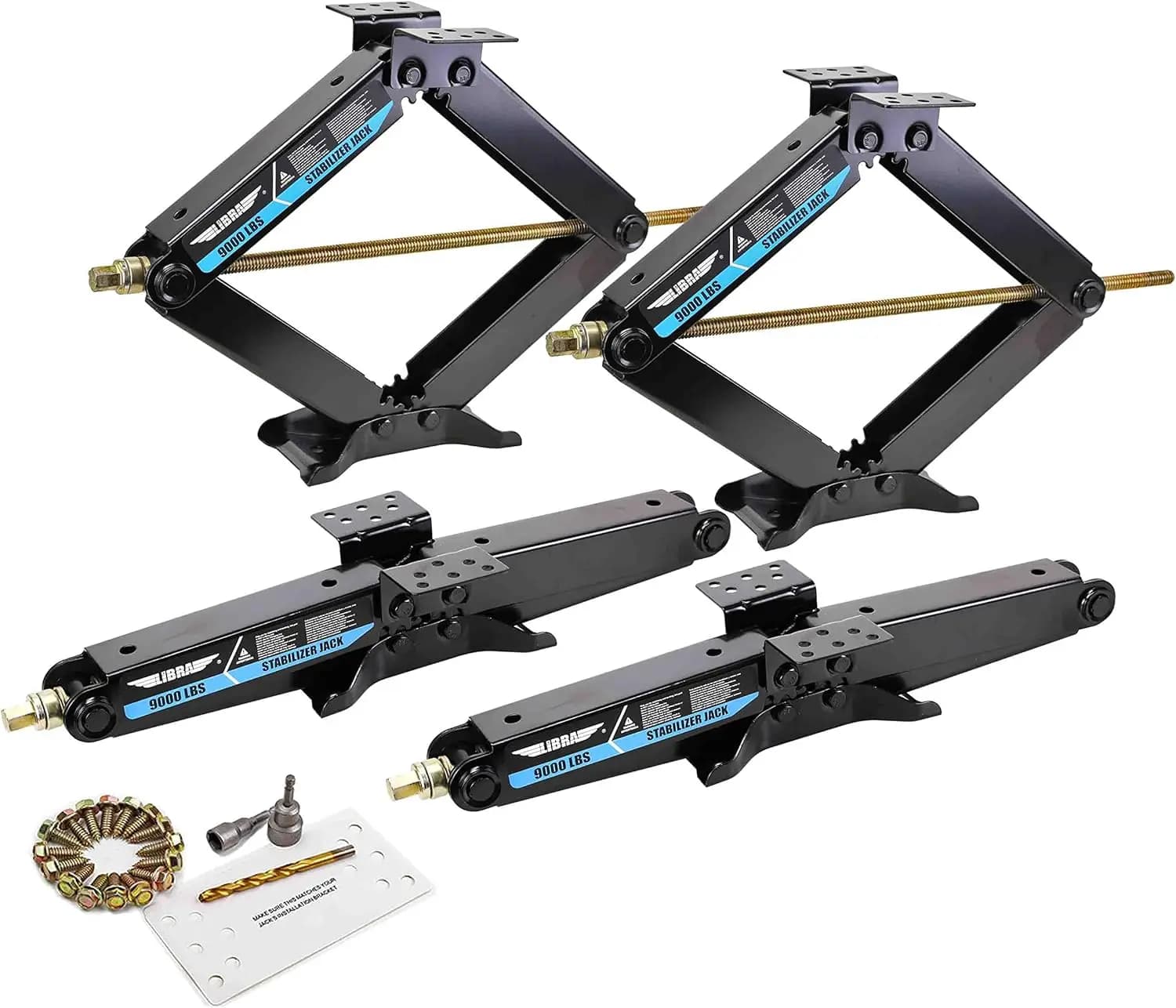 Cricchi a forbice stabilizzatori per camper per impieghi gravosi da 9000 libbre con attacchi per trapano e kit di installazione completo, set da 4