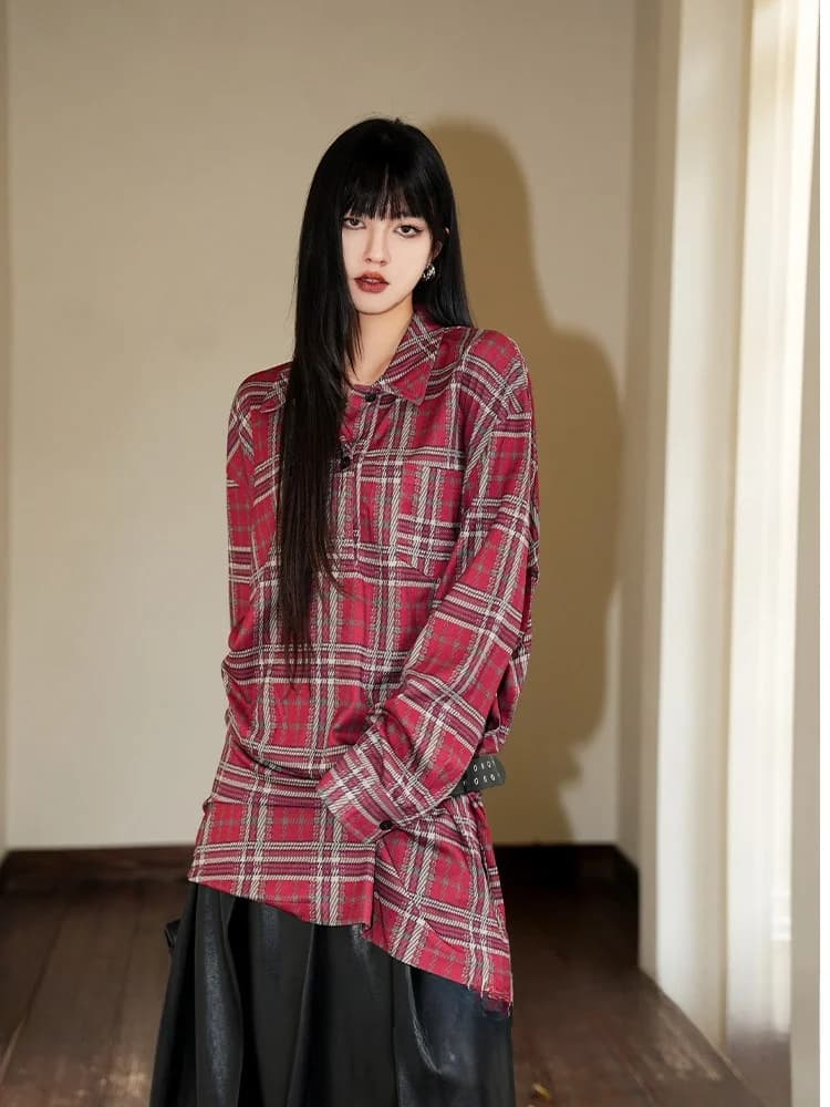 Retro Plaid Loose Fit Casual Shirt Dress Women's Spring New Style Waist-Cinching Short Dress Cleanfit Polyester Fiber
