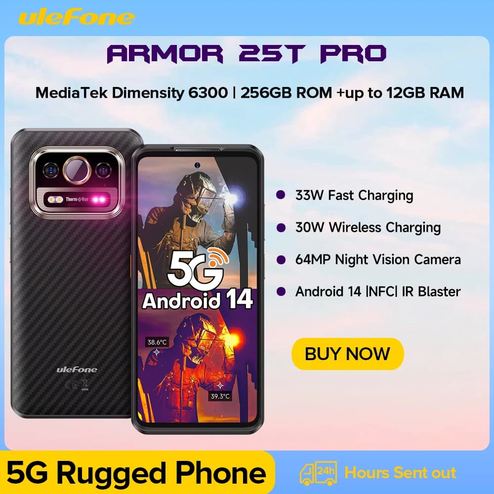 Ulefone Armor 25T Pro 5G Telefono robusto 33W 50MP+64MP NFC Smartphone impermeabile Android 14 ROM 256GB