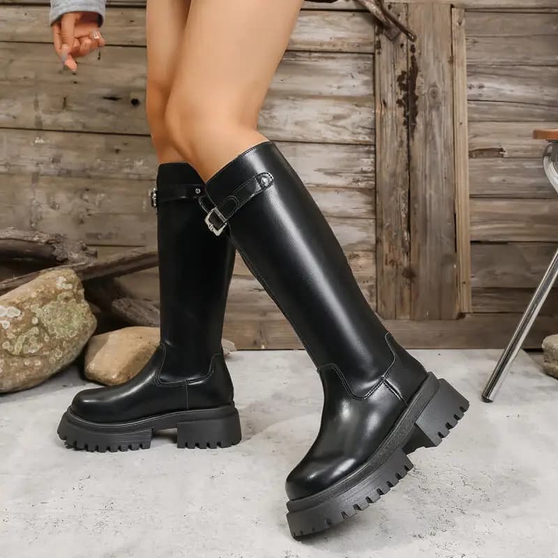 Classic Thick Bottom Black Riding Boots Women Winter 2026 Metal Belt Buckle Thick High Heel Knee High Boots Women Long Booties