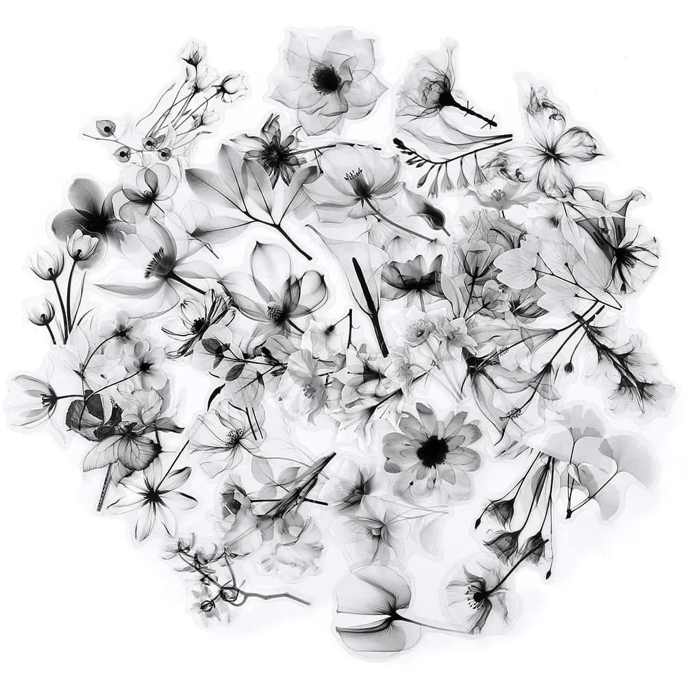 50 Pezzi Adesivi Floreali Trasparenti in Bianco e Nero, Sticker Cartoon in PET per Tazze, Quaderni, Telefoni, Chitarre, Frigoriferi, Giocattoli per Bambini