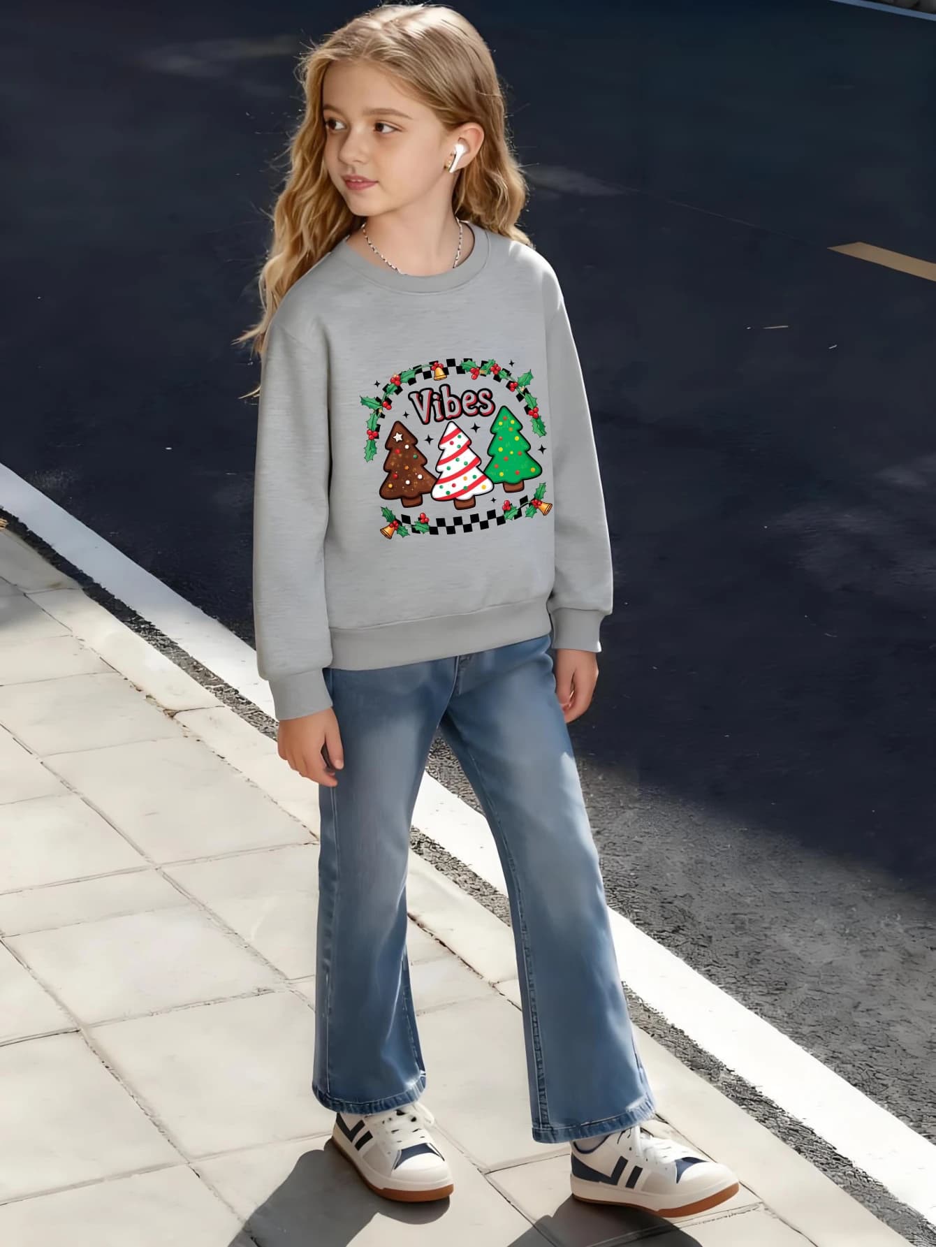 ​ Felpa per bambini in cotone con motivo albero di Natale con testo di vibrazioni per ragazzi e ragazze, abbigliamento stagionale festivo ​