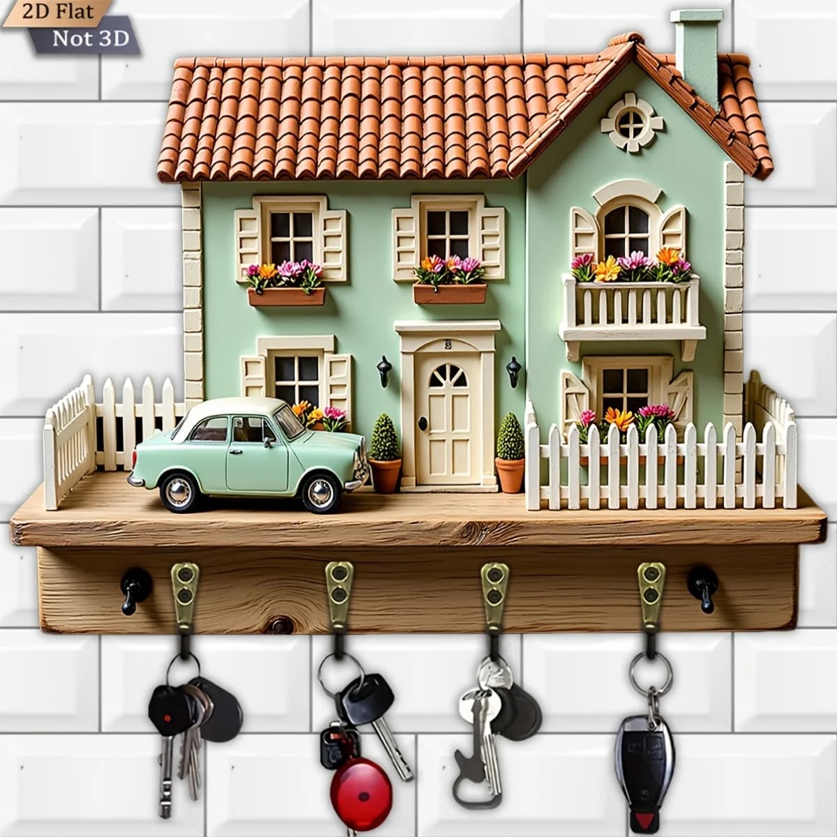 2D Flat, 1pc, Fresh Countryside Town Theme Style Key Hook, Wooden Multifunctional Home Key Holder, with Four Metal Hooks, Wall