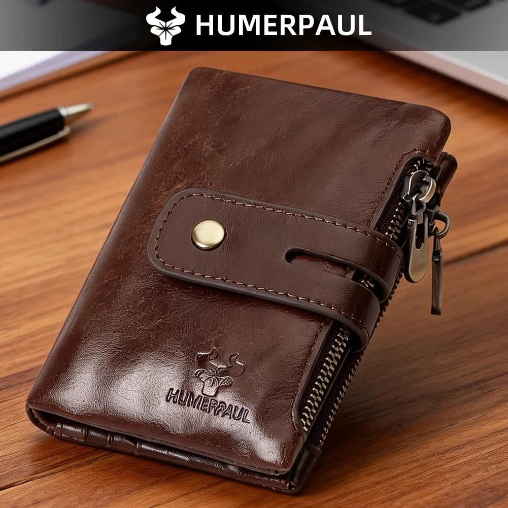 Portafoglio da uomo HUMERPAUL in vera pelle con protezione RFID, doppia cerniera, portamonete in pelle bovina, porta carte di credito, per affari.