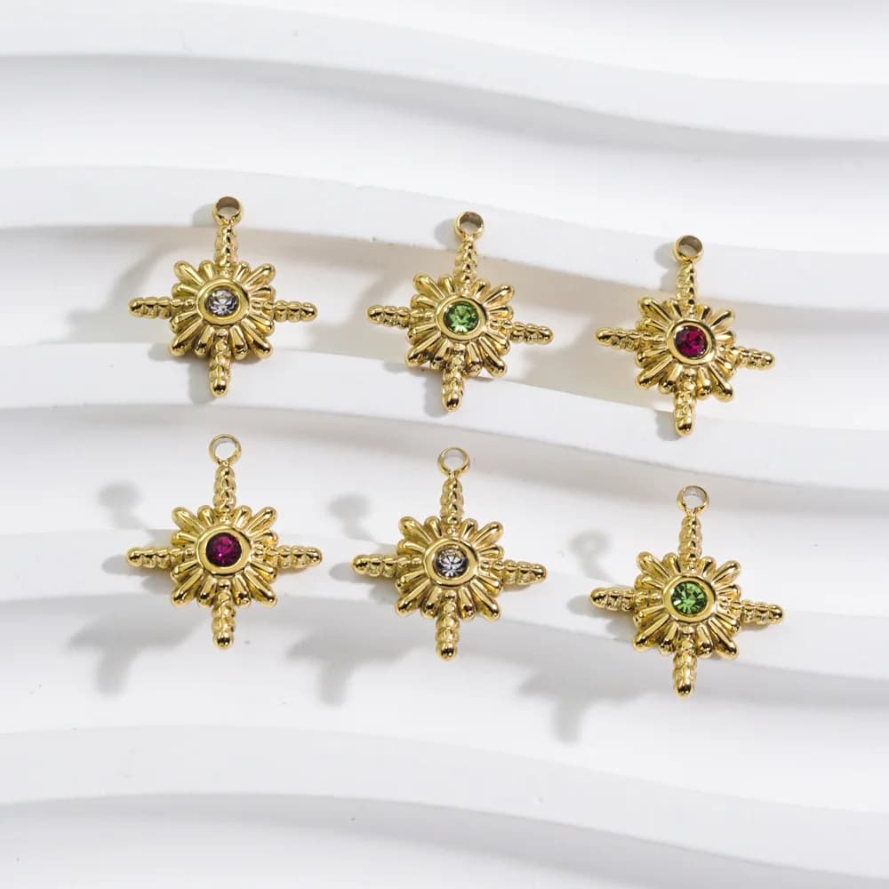 3Pcs Stainless Steel Gold Color Eight Pointed Star Crystal Stone Charm Pendants DIY Necklace Jewelry Making