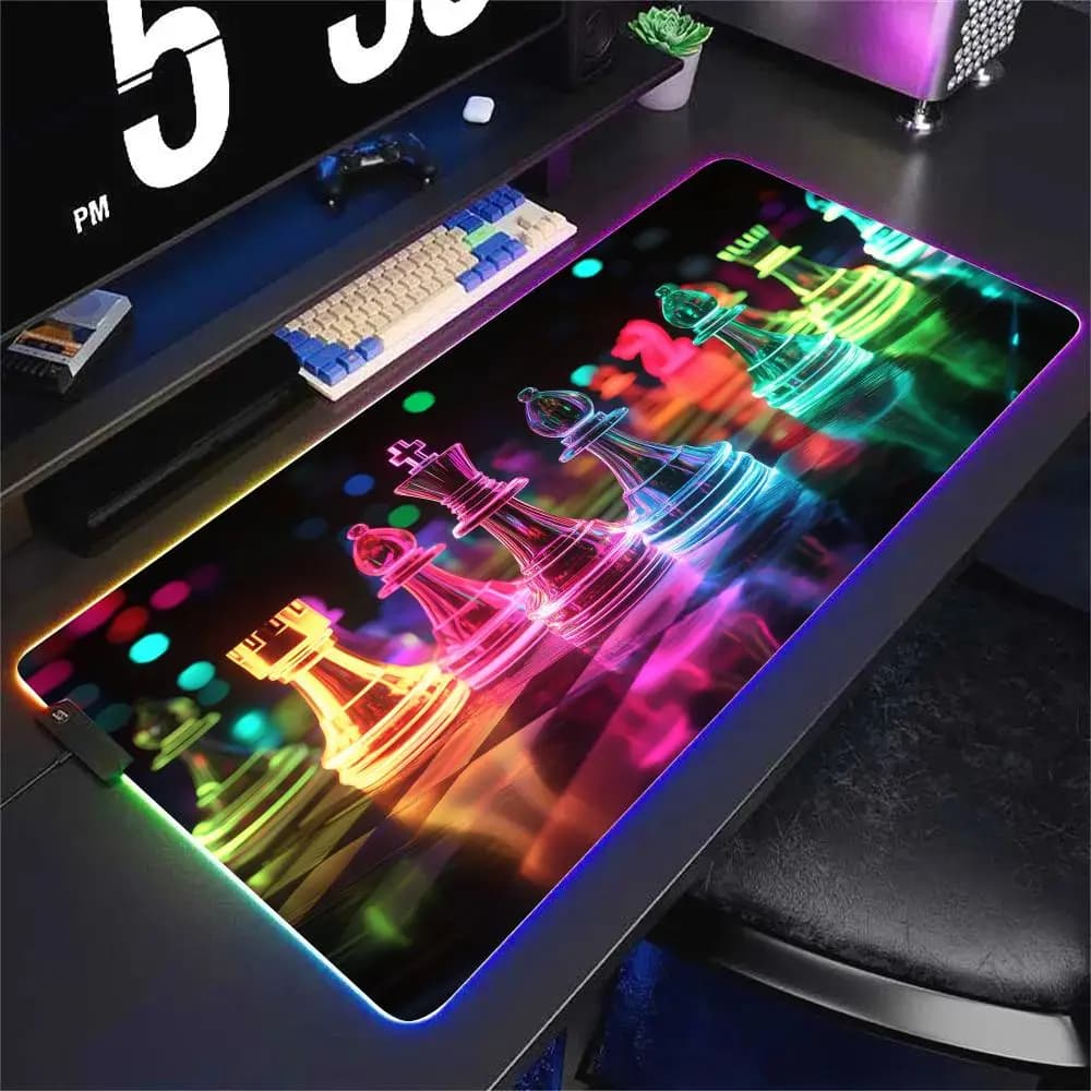 Tappetino per Mouse da Gaming XXL 3D Neon Chess RGB, Accessori per Gamer, Grande Mousepad LED HD con Retroilluminazione per PC e Computer