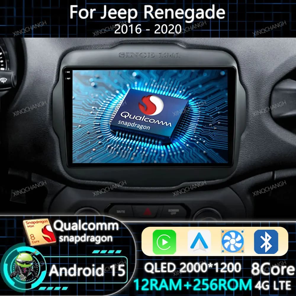 Android 15 Autoradio Carplay Auto Per Jeep Renegade 2016 - 2020 Qualcomm 2DIN 4G LTE 5G WIFI Lettore Video Multimediale BT GPS QLED