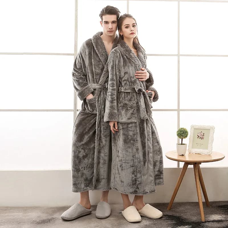Soft men's plush warm winter bath and sleep loungewear elegant cozy couple paired long fleece patchwork gown