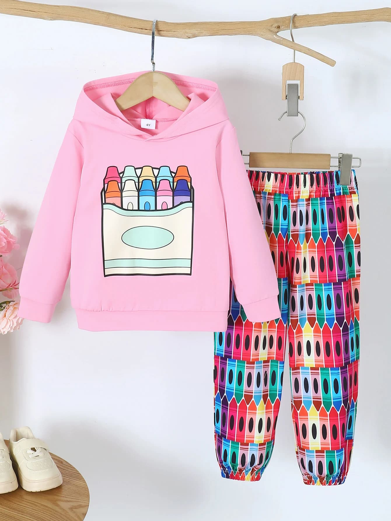 2PCS Girls Autumn Long Sleeve Comfortable Pants Set Hooded Pink Printed Colorful Pencil Sketch Casual Fashionable Clothing