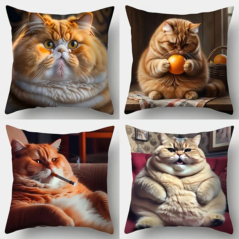 Federa Decorativa Bifacciale con Gatto Arancione Grasso, Stile Artistico, per Divano, Camera da Letto, Soggiorno, Arredamento Casa