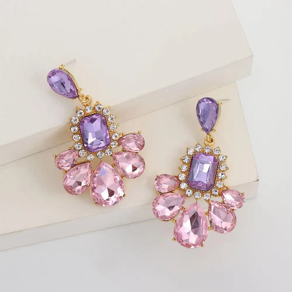 Orecchini Pendenti di Lusso con Cristalli Viola Geometrici, Accessori Barocchi con Strass, Orecchini a Goccia, Orecchini a Perno, Gioielli