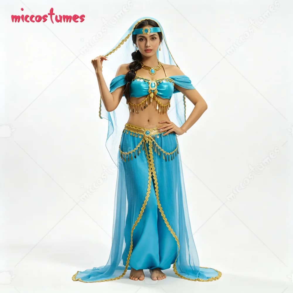 【US Stock】Cosplay.fm Women's Arabian Princess Costume for Halloween Deluxe Cosplay Outfit Top Pants with Full Accessories