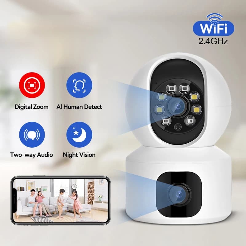 Telecamera WiFi a doppio obiettivo 1080P Smart Baby Monitor a doppio schermo Visione notturna Rilevamento tracciamento Telecamera di videosorveglianza domestica Secuiryt
