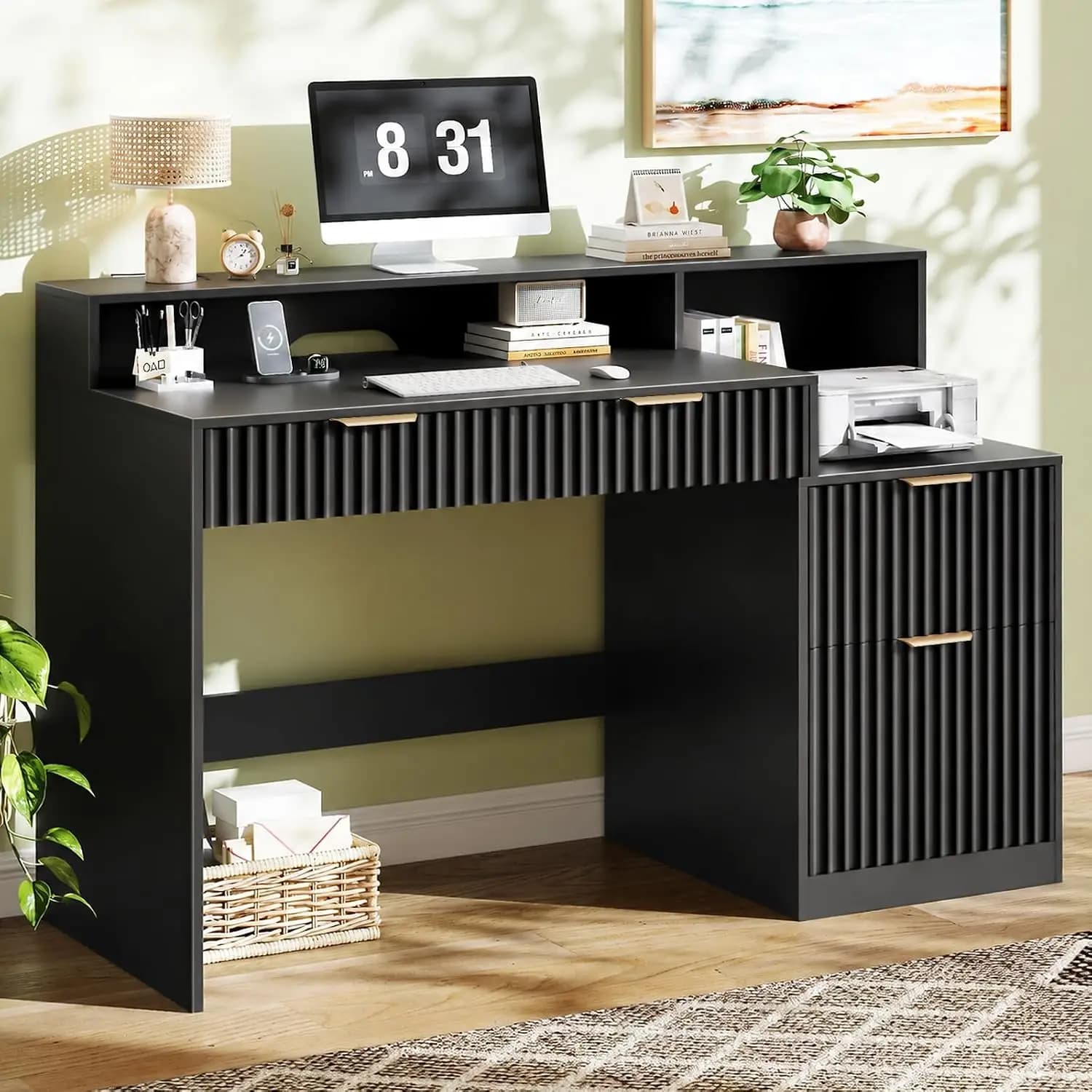 Fluted Computer Desk with Drawers & Power Outlets, Printer Stand Storage Cabinet, Monitor Stand, Home Office Study Desk, Black,
