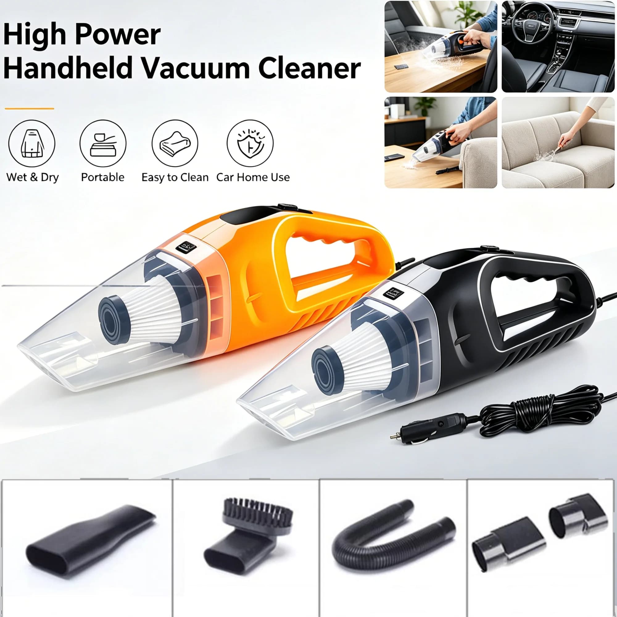 12V High Power Handheld Car Vacuum Cleaner Wet Dry Dual Use Portable Mini Auto Dust Collector With Complete Nozzle Attachments
