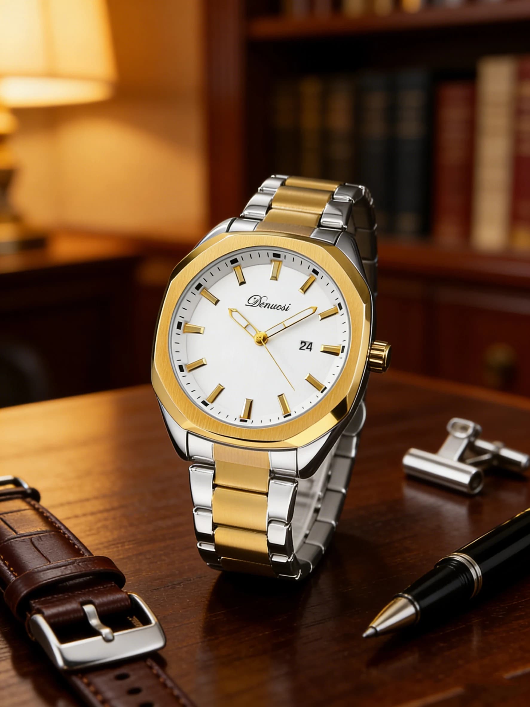 Fashion Luxury Men's Watch Gold Silver Stainless Steel Band Quartz Watch for Men Casual Business Date Display Clock