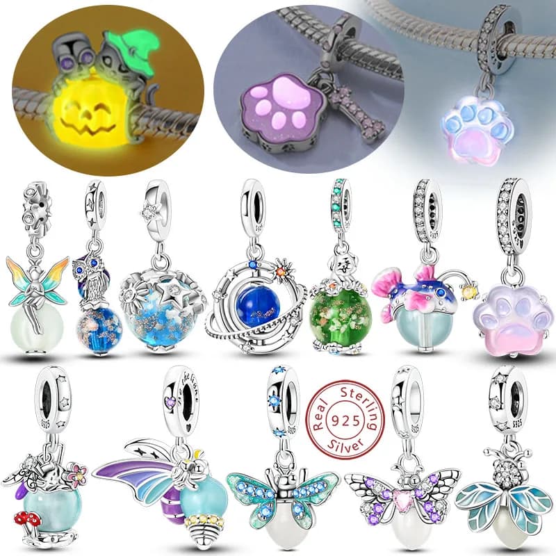 Serie luminosa 925 sterling silver charms perline ciondolo lucciola elfo zampa pianeta fascino adatto braccialetto originale regalo gioielli da donna
