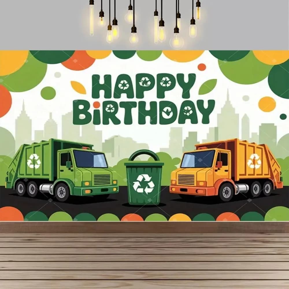 Sfondo per decorazioni per feste a tema camion della spazzatura con bidone per il riciclaggio, sfondo fotografico per banner per feste di compleanno per bambini con bidone della spazzatura