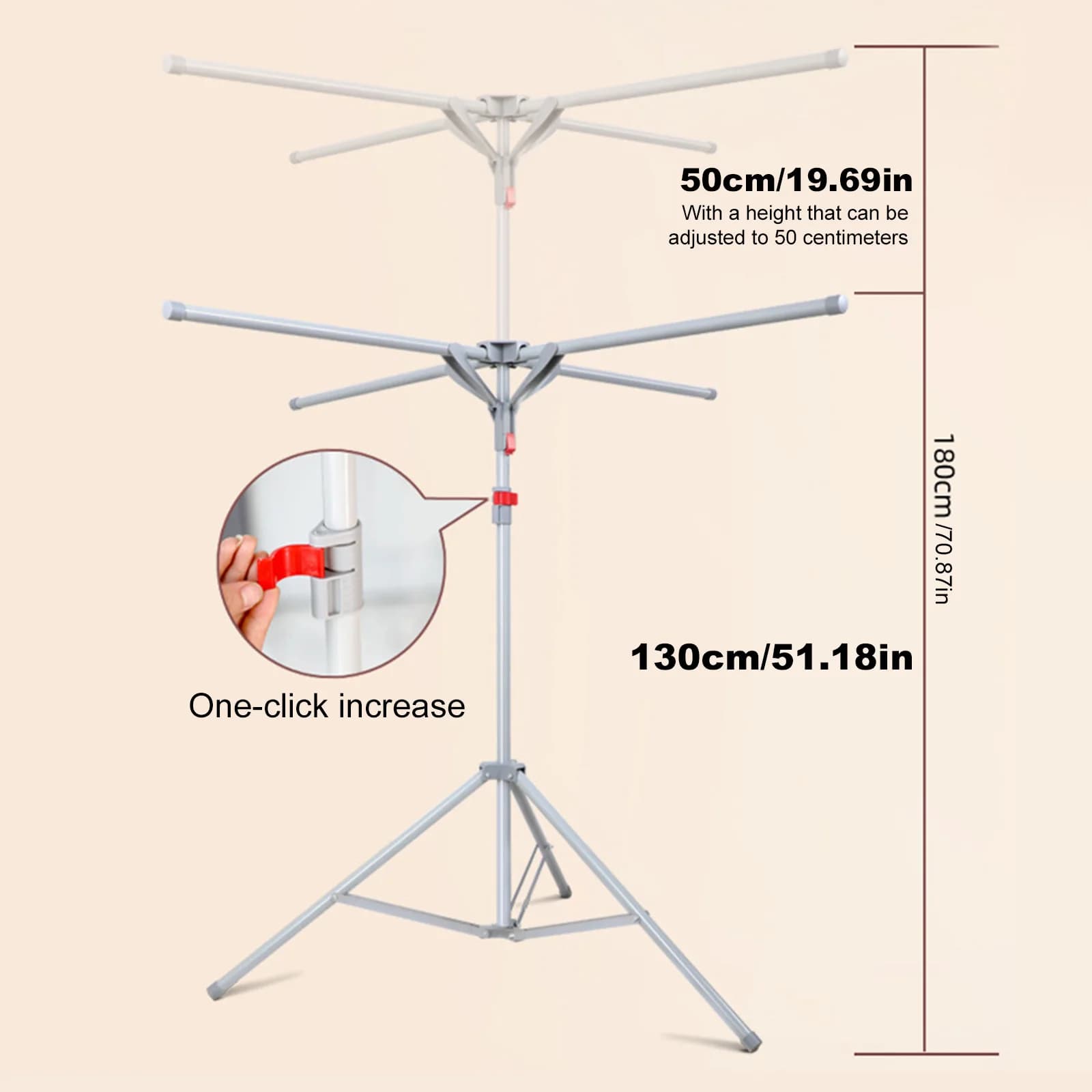 Stendibiancheria Pieghevole a Treppiede 51.18-70.87 Pollici, Altezza Regolabile, Stendino Verticale Migliorato per Asciugamani da Interno/Esterno