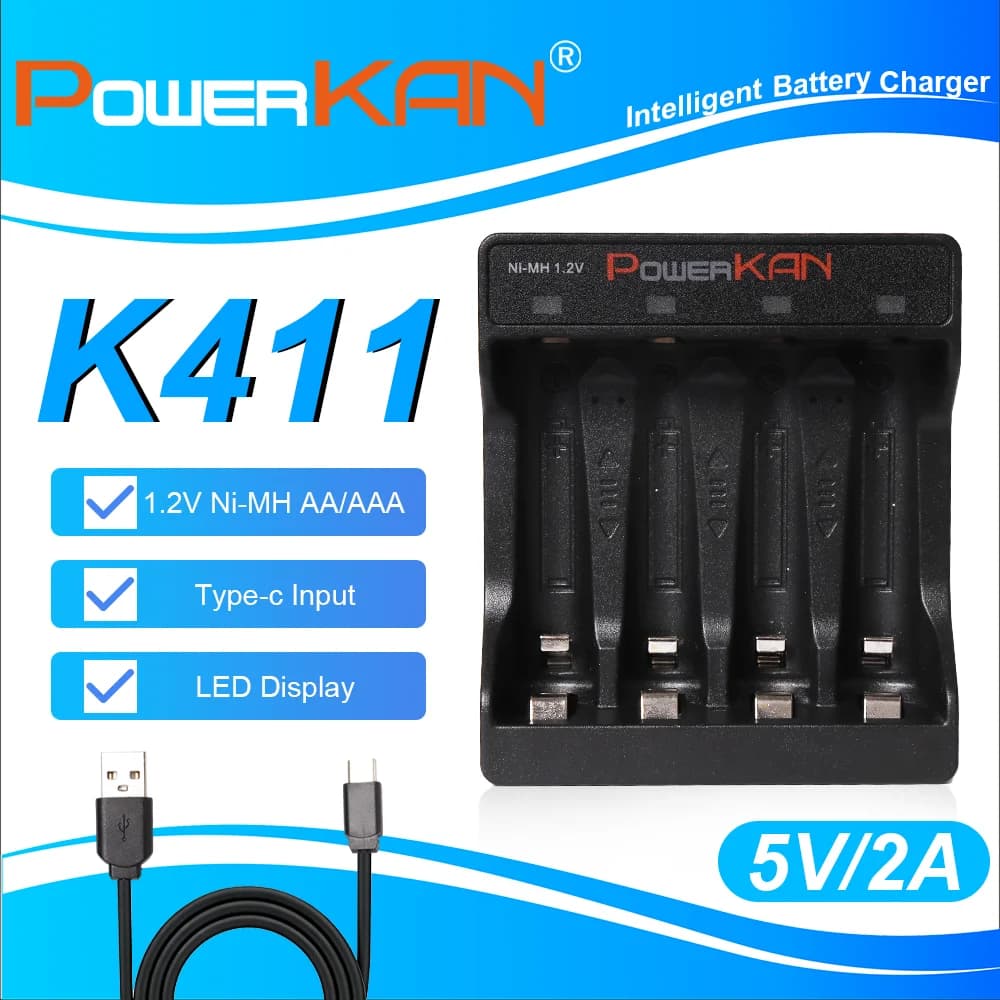 Caricabatterie intelligente POWERKAN K411 con indicatore LED per batterie ricaricabili Ni-MH AA AAA 1.2V, 4 slot, USB-C
