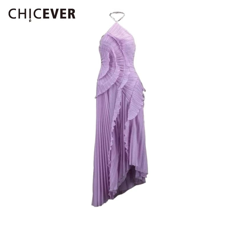 CHICEVER Solid Party Spliced Ruffles Dress for Women Halter Sleeveless High Waist Temperament Pleated Dresses Woman Summer New