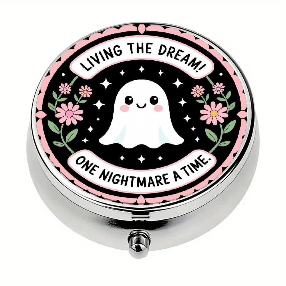 White Pill Box with a Cute Ghost Design, Decorated with Flowers and Stars, Symbolizing the Fulfillment of Dreams and Nightmares, 3 Compartments, Portable Medicine Organizer, Made from Food-Grade Safe Materials, Can Be Placed in a Wallet or Pocket, Ideal for Home and Travel.