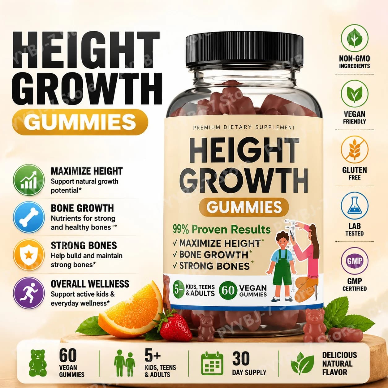 Gommose Vegane con Calcio, Magnesio, Zinco, Vitamina D3 e K2, Supporto per la Salute delle Ossa e Nutrizione Quotidiana, Integratore per la Crescita in Altezza
