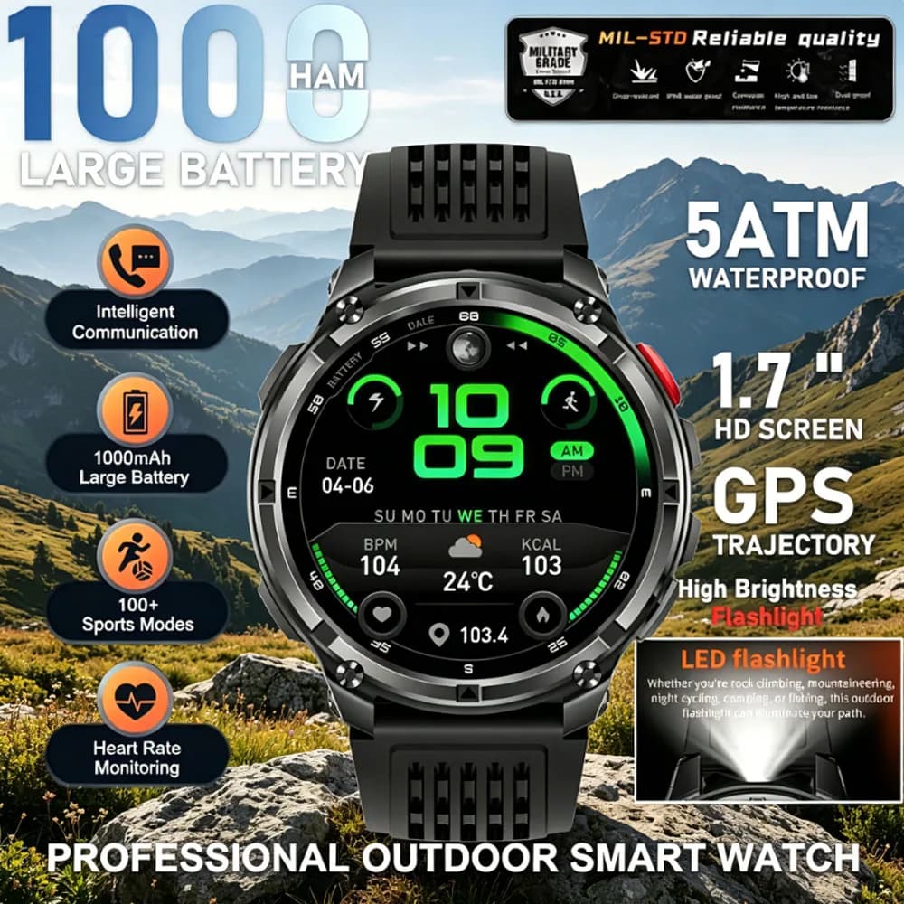 Smartwatch GPS per Sport all'Aperto con Bluetooth, Batteria da 1100mAh, Impermeabile fino a 30M per Corsa e Nuoto, Orologio Intelligente da Uomo 2026 Nuovo