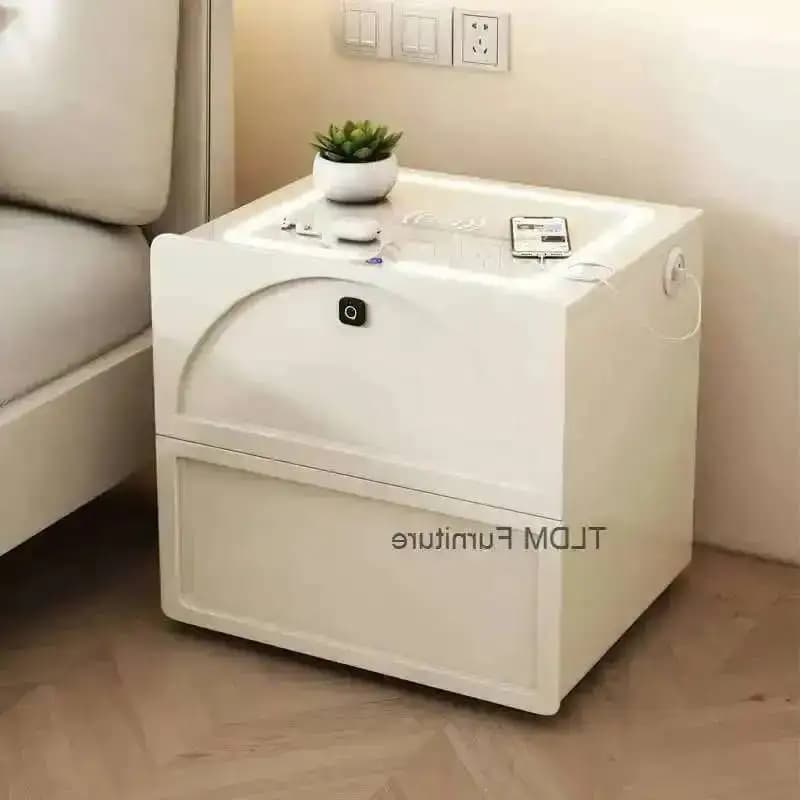 Comodini Moderni Bianchi con Impronta Digitale, Scrivania Smart con Ricarica Wireless, Cassetti con Serratura, Tavoli da Comodino, Mobili Mudo