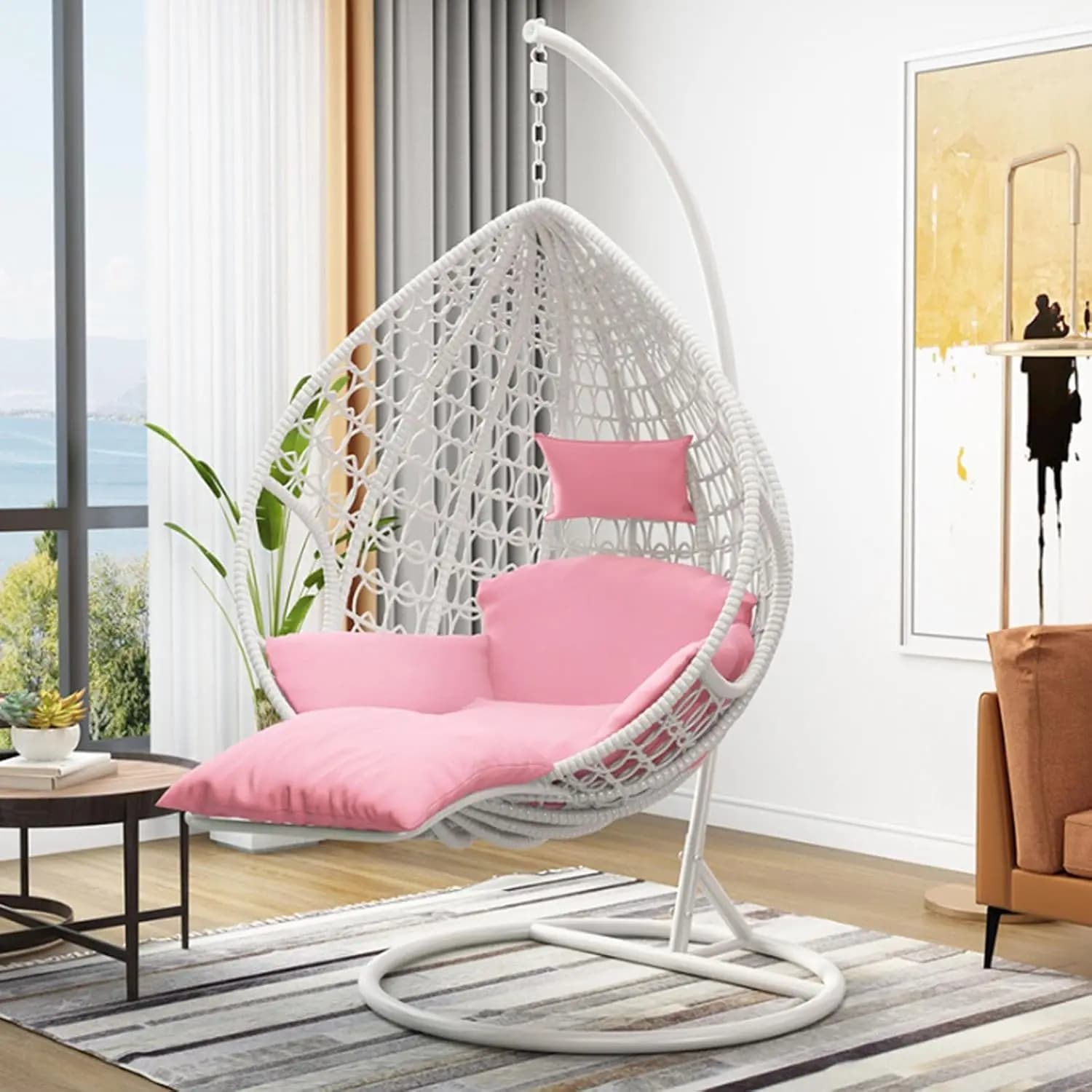 PE Rattan Hanging Egg Chair with Stand Cushions Thickened Steel Patio Garden Balcony, Customized