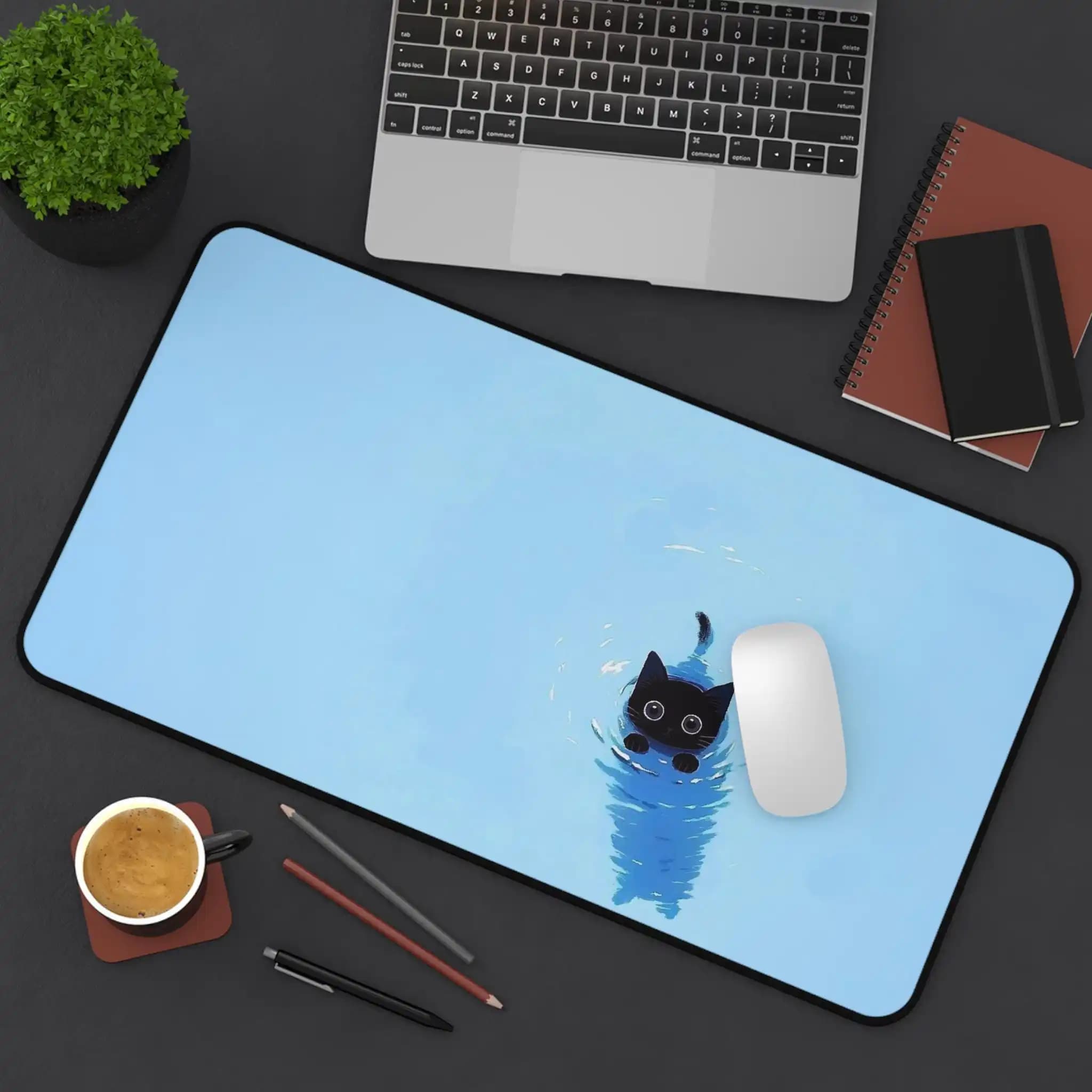 Tappetino da tavolo per gatti carino per gli amanti dei gatti, tappetino per mouse da gioco blu carino da 900 × 400 mm, decorazione da tavolo per gatti divertenti, spazio di lavoro per gatti carini