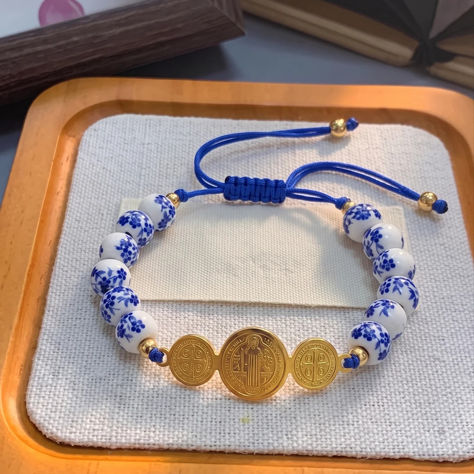 St. Benedict Triple Medal Bracelet Blue White Floral Porcelain Beads Adjustable Braided Rope Faith Wrist Jewelry For Women