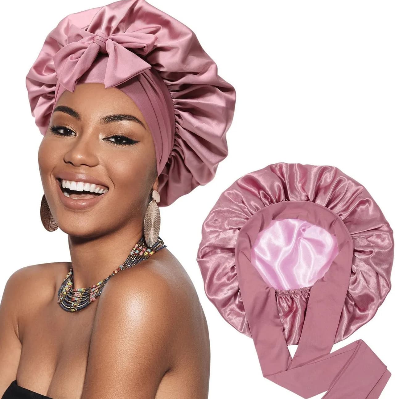 Cuffia per capelli da donna in raso a doppio strato con fascia regolabile, berretto da notte setoso tinta unita per la cura dei capelli, cappello anti-crespo per dormire e per la doccia con bordo elasticizzato